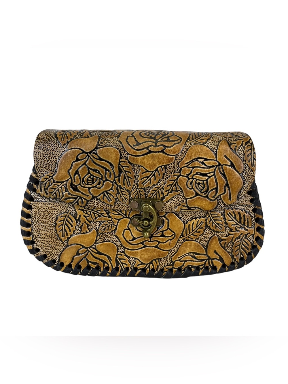 Hand-Tooled Floral Leather Crossbody Bag - Honey